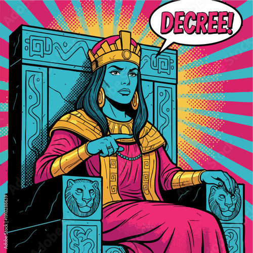 Powerful Queen on Throne Issuing Royal Decree Pop Art Illustration