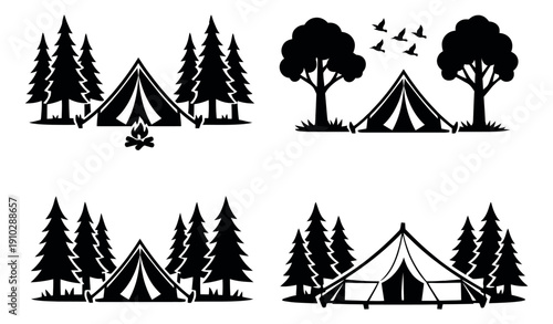 Line art camping illustration set featuring tents, trees, campfires, and flying birds for outdoor activities