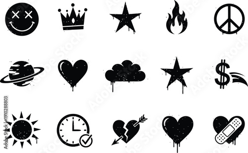 Collection of various black icons on including smiley face, crown, star, peace sign, and heart symbols