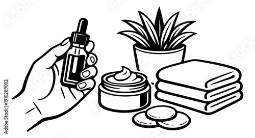 Line art beauty set featuring a hand holding a dropper bottle, cosmetic cream, a plant, towels, and cotton pads for skincare and wellness