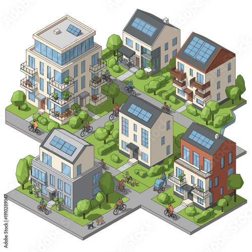 Isometric Illustration of Modern Houses with Solar Panels.