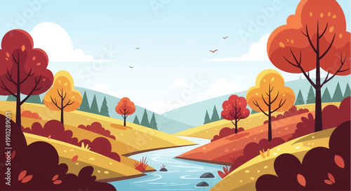 cartoon autumn landscape with colorful trees warm tones simple shapes calm seasonal mood clean composition wide view