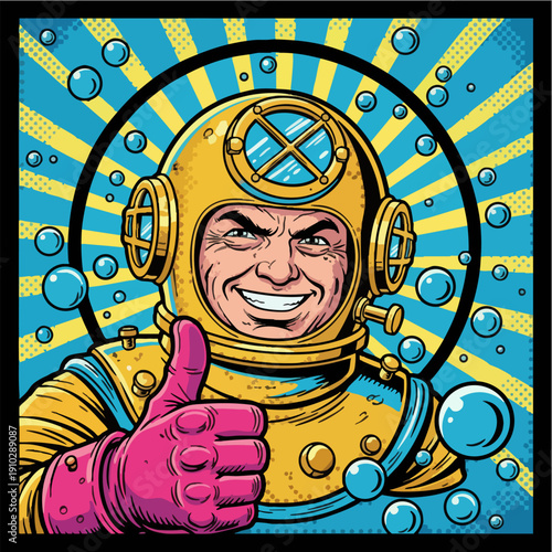 Retro Comic Diver Giving Thumbs Up Pop Art Illustration