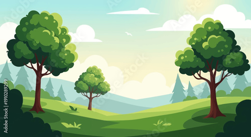 cartoon summer landscape with bright green nature clear sky warm sunlight simple shapes calm mood wide view