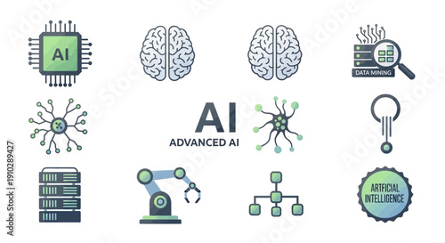 Flat lay of various icons related to, machine learning, and data science on a clean white background with a technological and innovative mood.