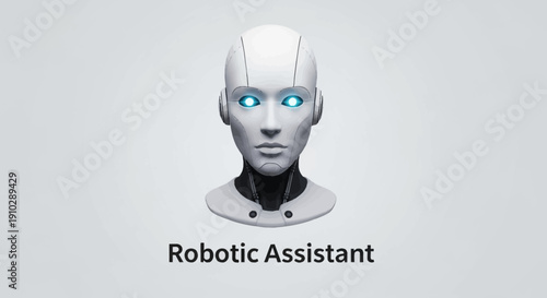 A robotic assistant with glowing blue eyes and a futuristic design against a light gray background with a shallow focus effect, incorporating and machine learning technology.