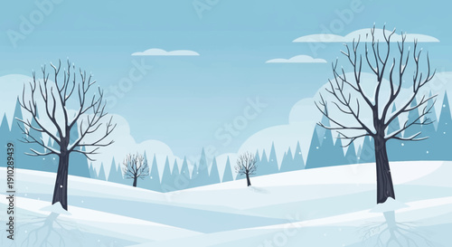 cartoon winter landscape with snow bare trees soft cold colors simple shapes calm quiet mood clean background