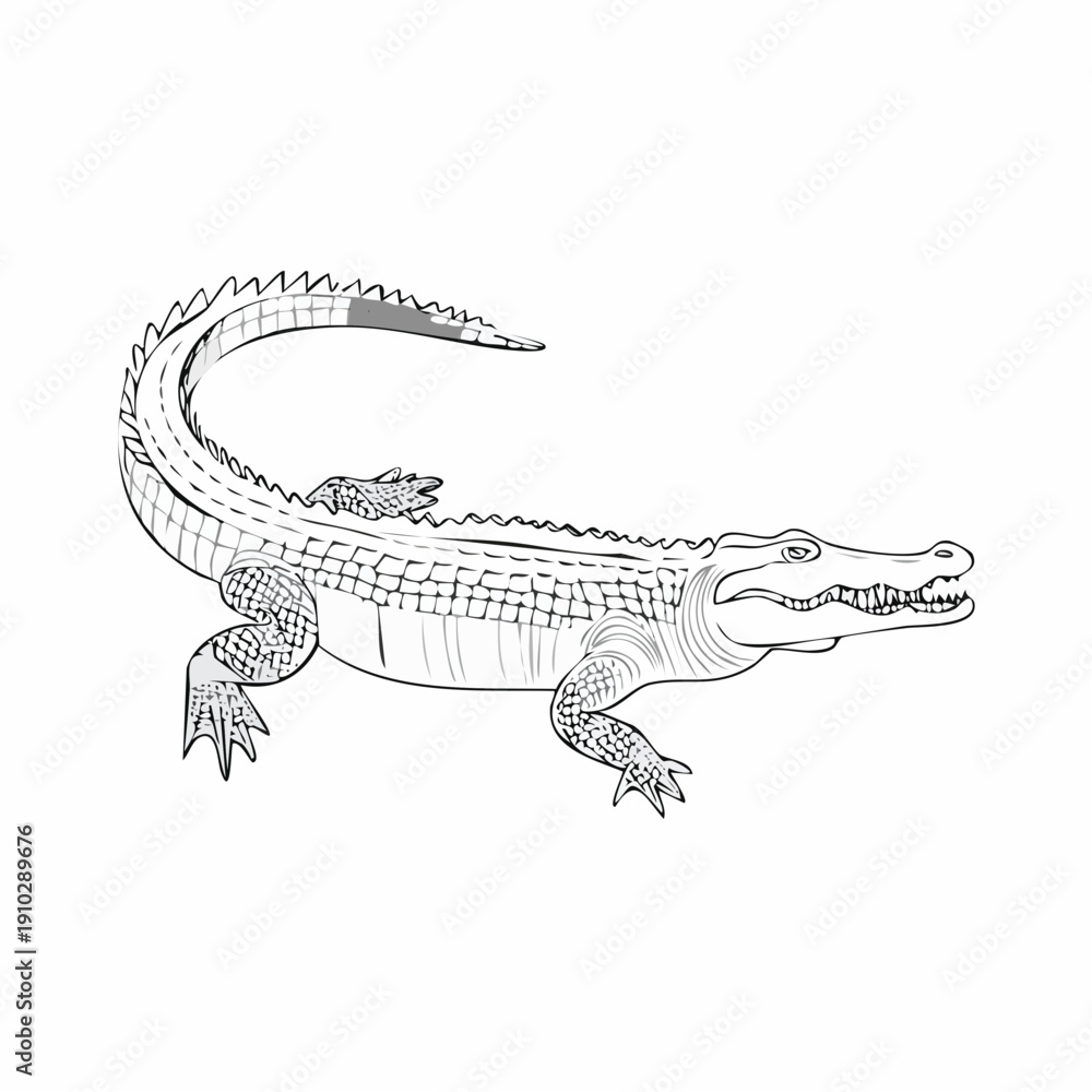 Naklejka premium Realistic line art illustration of a powerful alligator in profile view on a white background