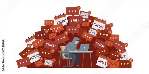 Overwhelmed Person with Laptop Buried Under Urgent Messages and Notifications