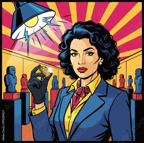 Pop Art Woman Examining Valuable Artifact Under Spotlight