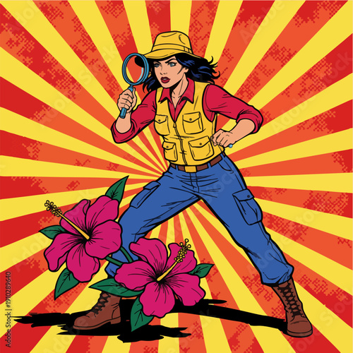 Pop Art Investigator Woman with Magnifying Glass and Hibiscus