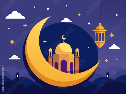 slamic Night Scene with Mosque, Crescent Moon, and Lantern