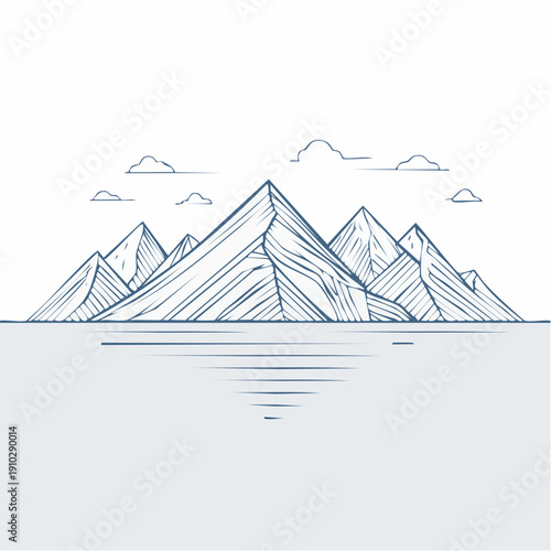 A sketchy line art drawing of a majestic mountain range with a calm water reflection