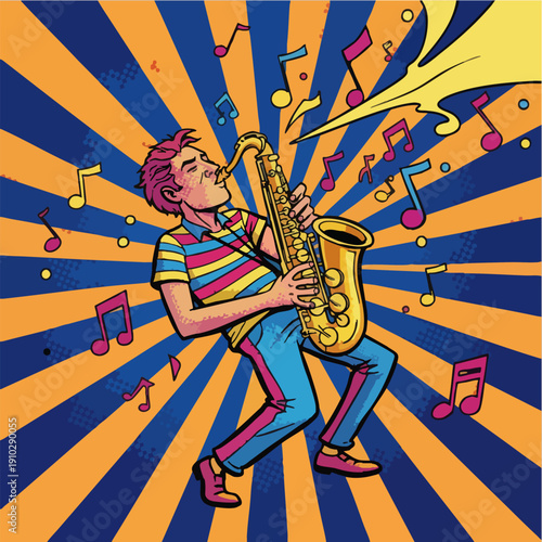 Energetic Musician Playing Saxophone in Vibrant Pop Art Style