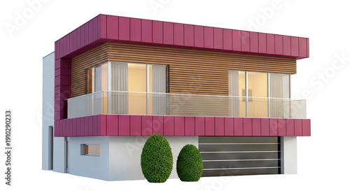 Modern Two-Story House with Wood and Pink Facade and Garage