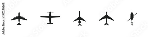 Airplane silhouette collection with different aircraft types. Military jet fighter and civil aviation cargo and passenger planes. Aviation set representing travel, transport and air industry.