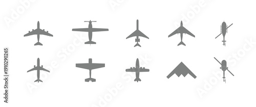 Airplane silhouette collection with different aircraft types. Military jet fighter and civil aviation cargo and passenger planes. Aviation set representing travel, transport and air industry.