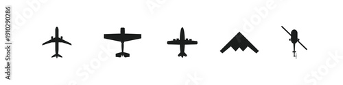 Airplane silhouette collection with different aircraft types. Military jet fighter and civil aviation cargo and passenger planes. Aviation set representing travel, transport and air industry.