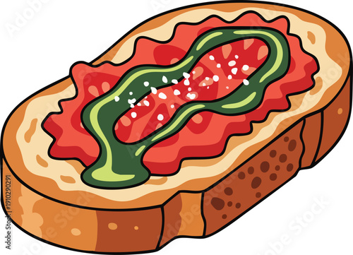 Delicious Bruschetta with Tomato and Pesto Sauce on Toasted Bread.