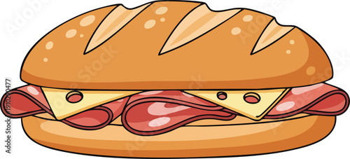 Delicious Sub Sandwich with Ham and Cheese Illustration.