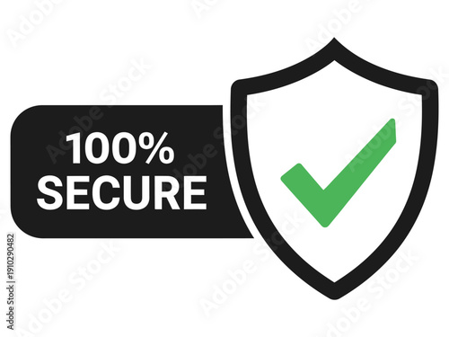 A black and green shield with a checkmark and a secure text
