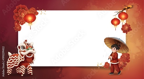 PowerPoint slides for Chinese New Year or Lunar New Year celebrations, featuring lanterns, lion dances, and children carrying umbrellas because of the rain.