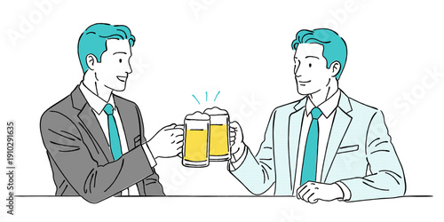 ビールジョッキで乾杯するビジネスマン2人の線画イラスト｜商談後・成功・懇親会