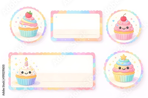 Wallpaper Mural Cute Pastel Cupcake Label and Sticker Template Set with Kawaii Design.  Torontodigital.ca