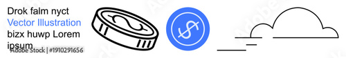 Cryptocurrency, fintech, blockchain, cloud services, digital trends, investment. A coin icon, dollar sign and cloud design. Cryptocurrency and fintech with modern visuals