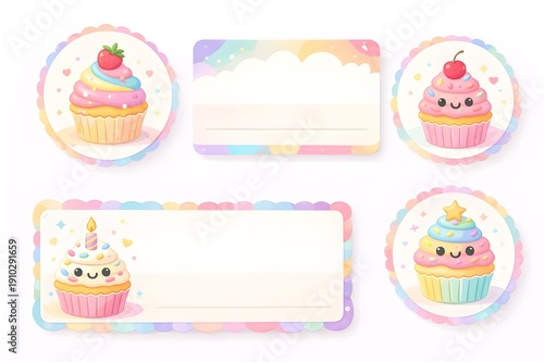 Wallpaper Mural Cute Pastel Cupcake Label and Sticker Template Set with Kawaii Design.  Torontodigital.ca