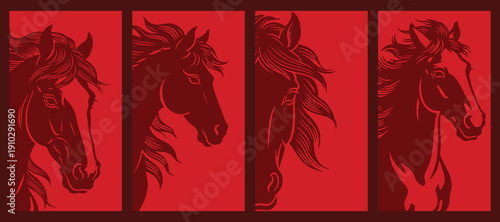Horse head silhouettes illustration, symbolizing strength, freedom, and elegance. Dynamic flowing mane design in bold red style for logos, posters, tattoos, branding, and decorative graphics.