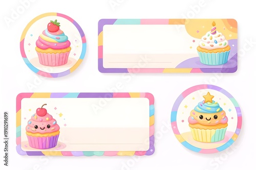 Wallpaper Mural Cute Pastel Cupcake Label and Sticker Template Set with Kawaii Design.  Torontodigital.ca