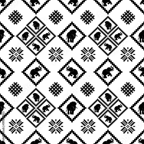 Seamless Tribal Elephant Geometric Border Pattern in Black and White Ethnic Style.