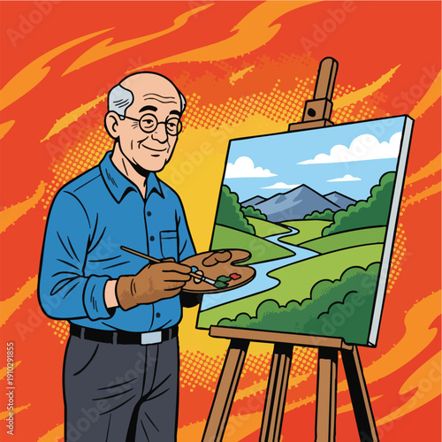 Happy Senior Artist Painting Outdoor Landscape Illustration