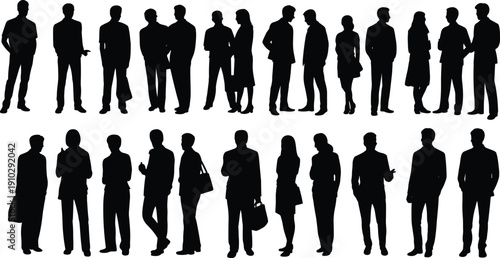 Business people silhouette icons, corporate professional vector, black office shapes, workplace illustration, team design motif, diverse employee poses, stock art collection