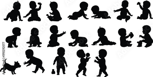 Baby silhouettes, infant vector, childhood illustration, toddler clipart, crawling child, sitting baby, standing infant, playful design, black outline, family graphic