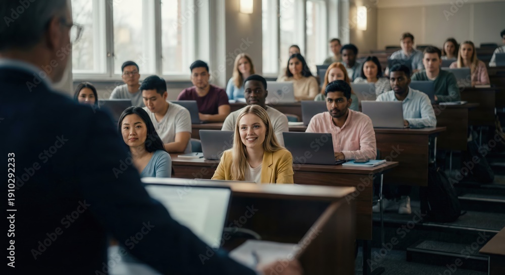 Obraz premium Diverse Group of Multi-ethnic University Students and Young Adults Listening to a Professor in a Modern Lecture Hall, Focused Students Studying with Laptops in a Tiered Classroom Environment