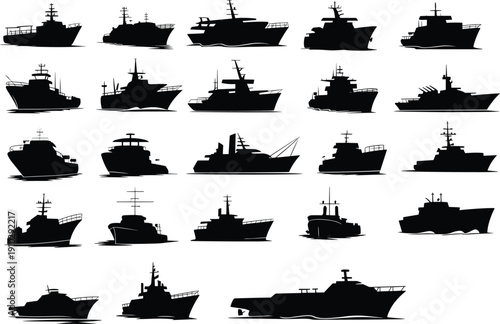 Black ship silhouettes collection, maritime vessel icons, cargo boat illustration, fishing ship design, patrol craft vector, yacht silhouette, naval architecture concept