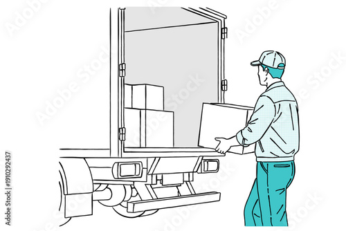 トラックの荷台に段ボール箱を積み込む作業員の人物線画｜配送・物流・出荷作業