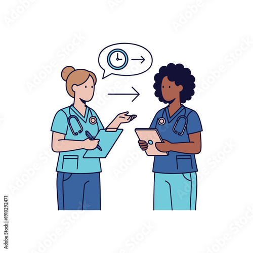 Diverse medical professionals discussing patient information and time management