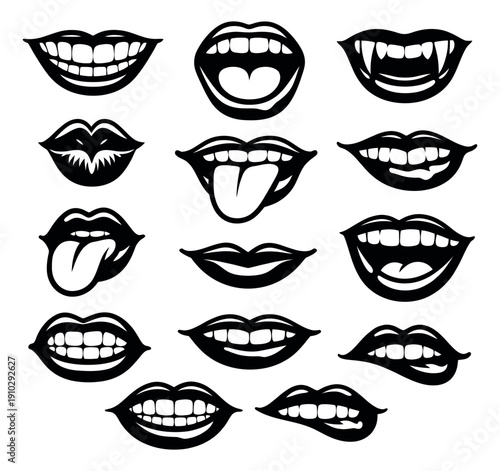 Hand drawn line art mouth set featuring diverse facial expressions for graphic design