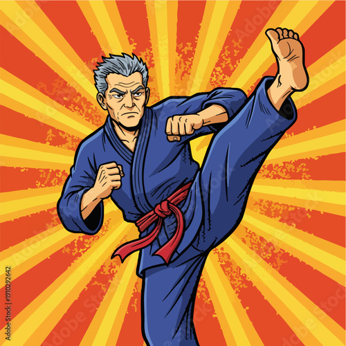 Powerful Senior Man Performing High Martial Arts Kick