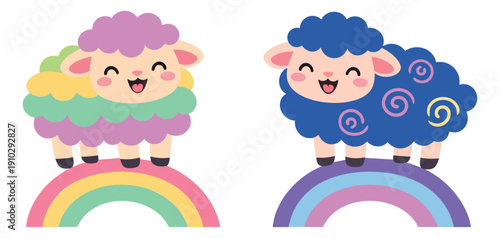 Cute cartoon sheep set featuring colorful lambs standing on rainbows for children's design