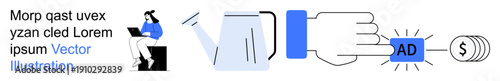 Digital marketing, online payment, ad clicks, consumer behavior, e-commerce, data systems. A hand clicks on an ad button followed by a dollar symbol. Digital marketing and online payment concept