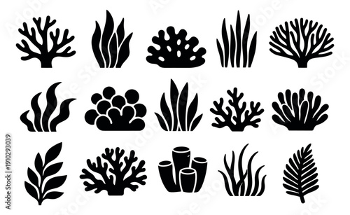 Stylized silhouette marine plants set featuring corals, algae, and seaweed for ocean themed projects