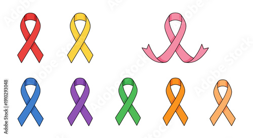 Colorful awareness ribbons for various causes including cancer, HIV, mental health, and more on a white background with a supportive mood.
