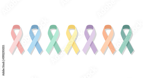 Colorful awareness ribbons for cancer, HIV, and other health conditions on a white background, symbolizing support and solidarity.