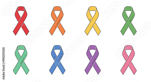 Colorful awareness ribbons for various causes including cancer, HIV, mental health, and more on a white background with a hopeful and supportive mood.
