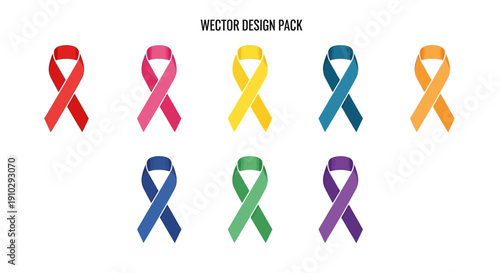 Vector illustration of colorful awareness ribbons for various causes including cancer, HIV, mental health and more on a white background.