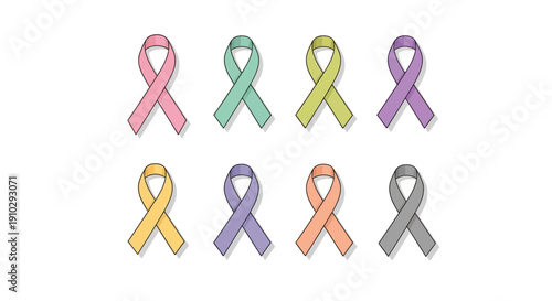 A collection of colorful awareness ribbons for various causes including cancer, HIV, and mental health on a white background with a hopeful and supportive mood.